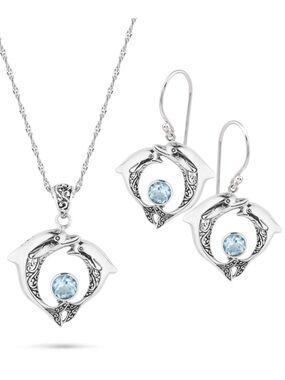 Stauer Sterling Silver Blue Topaz Dolphin Pendant Necklace & Earrings Set